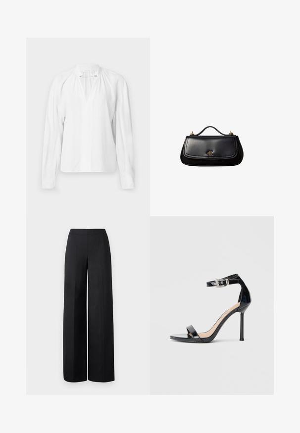 Blusa blanca de manga larga con escote en V, detalles fruncidos en el cuello y una tela suave y ligera. Diseño simple y minimalista.; Pantalones de pierna ancha negros, hechos de una tela suave. Presentan una cinturilla alta y líneas rectas y limpias sin bolsillos visibles ni adornos.; Sandalia de tacón alto en piel sintética negra con correa en el tobillo. Presenta un diseño minimalista, punta abierta y una hebilla con detalles de pedrería.; Bolso de mano negro de piel con un asa pequeña, logo "cK" en tono dorado en la solapa frontal y detalles de herrajes dorados.