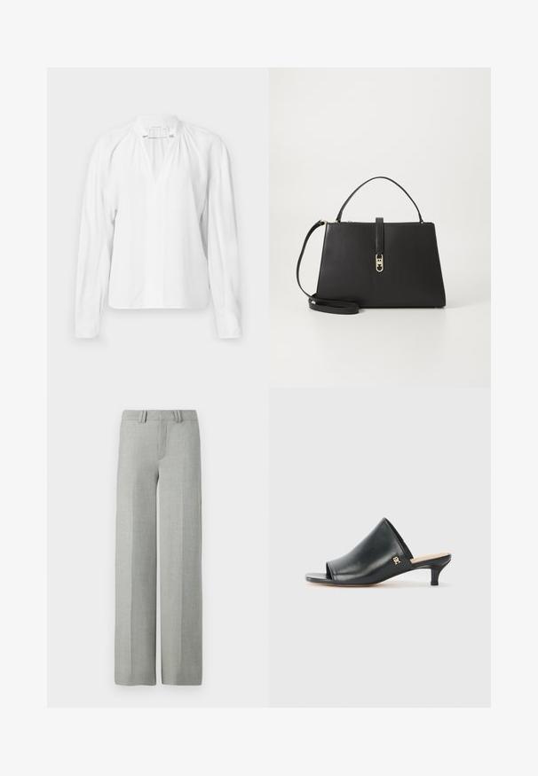 Witte blouse met lange mouwen en een V-hals, met geplooide details bij de halslijn en een gladde, lichte stof. Eenvoudig en minimalistisch ontwerp.; Grijze broek met wijde pijpen van een lichtgewicht stof, met een platte voorkant, riemlussen en schone, getailleerde lijnen zonder zichtbare patronen.; Zwarte leren open teen muiltjes met een lage hak. Heeft een glad oppervlak en een gouden logo accent aan de zijkant.; Tommy Hilfiger TH LIBRE MED SATCHEL - Handtas - black