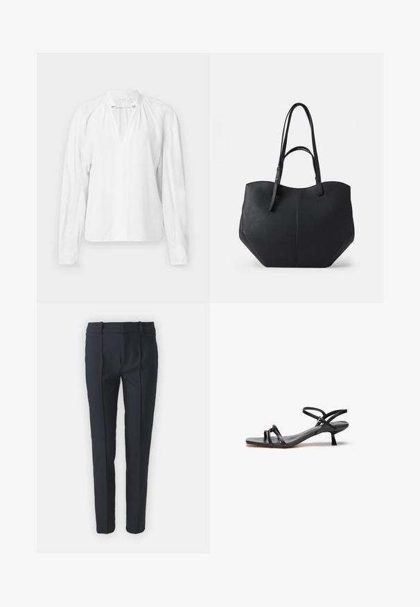 Witte blouse met lange mouwen en een V-hals, met geplooide details bij de halslijn en een gladde, lichte stof. Eenvoudig en minimalistisch ontwerp.; Navyblauwe op maat gemaakte broeken met een gladde textuur, voorzien van voorplooien, riemlussen en een rechte snit, gemaakt van een lichte stof.; Zwarte leren sandaal met een slank, minimalistisch ontwerp. Heeft twee dunne banden en een kleine, schuine hak. Gladde textuur en open teen.; Zwarte tote bag van glad, textuurleer, met een ronde bovenkant en dubbele lange handvatten. Heeft een hoekige basis voor stabiliteit en een gestructureerd ontwerp.