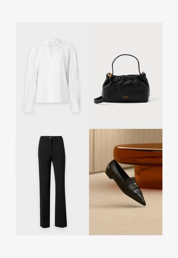 Blouse blanche à manches longues avec un col en V, des détails froncés au niveau du col et un tissu léger et lisse. Design simple et minimaliste.; Pantalons noirs en tissu lisse, avec une coupe droite, une fermeture dissimulée et un détail de bouton unique à la taille.; Mocassin en cuir noir à bout pointu avec détail de franges, positionné sur un tapis beige près d'une table ronde en verre orange.; Sac à main en cuir noir avec un haut froncé, une courte poignée et une bandoulière amovible. Présente un accent logo en or et une texture lisse.