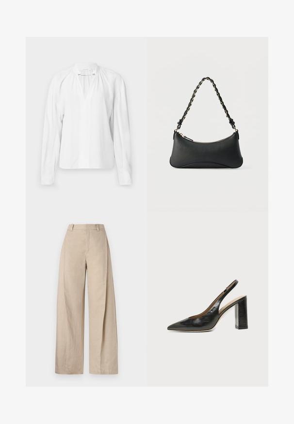 Witte blouse met lange mouwen en een V-hals, met geplooide details bij de halslijn en een gladde, lichte stof. Eenvoudig en minimalistisch ontwerp.; Beige linnen wijde broek met een hoge taille, met een zachte textuur en strakke lijnen, ontworpen voor een ontspannen pasvorm.; Zwarte leren slingback schoen met spits toelopend neusje, hoge blokhak en beige binnenvoering tegen een effen lichte achtergrond.; Zwarte lederen schoudertas met een gebogen rechthoekige vorm, gouden ketting verweven in een gevlochten zwarte band, en een ritssluiting bovenop.