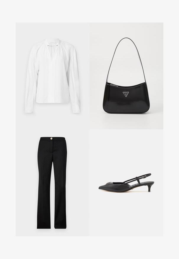Blusa blanca de manga larga con escote en V, detalles fruncidos en el cuello y una tela suave y ligera. Diseño simple y minimalista.; Pantalones ajustados negros con un sutil patrón geométrico, diseño de pierna recta y un cierre frontal con botón y acento metálico.; Zapatos slingback negros con punta afilada, hechos de material suave, con un pequeño tacón y un acento decorativo plateado en el empeine.; Bolso de hombro de charol negro con forma curva, que presenta un logotipo triangular plateado y un cierre de cremallera. Textura suave y correa delgada.