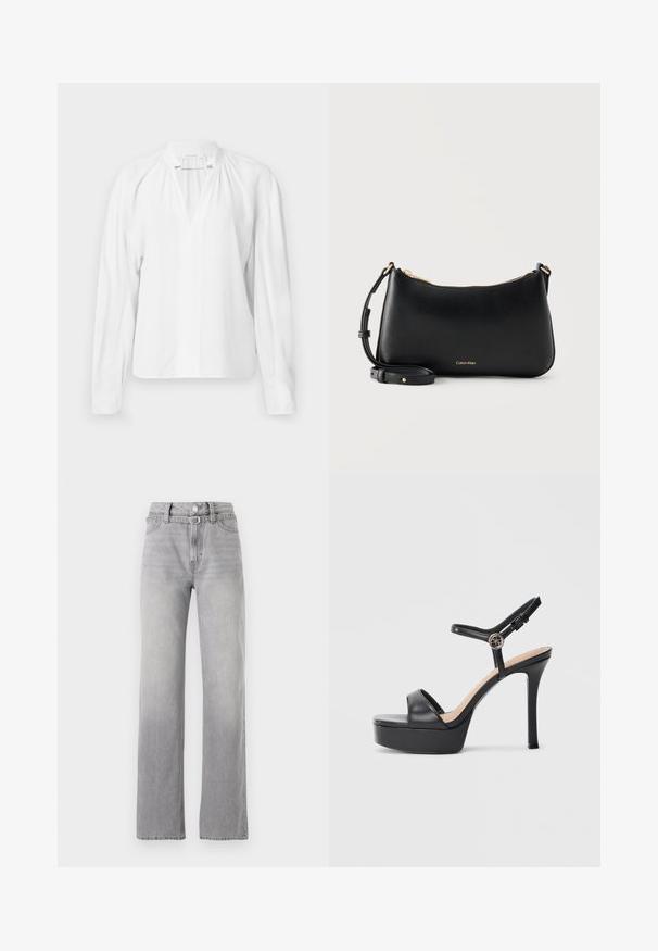 Witte blouse met lange mouwen en een V-hals, met geplooide details bij de halslijn en een gladde, lichte stof. Eenvoudig en minimalistisch ontwerp.; Lichtgrijze denim jeans met een hoge taille, recht gesneden pijpen, subtiele vervaging en klassieke vijf-pocket stijl. Metalen knoop en rits sluiting.; Zwarte platformsandalen met een hoge naaldhak, voorzien van een glad leren bovenkant, een peep-toe ontwerp en een verstelbare enkelriem met beslag.; Zwarte leren schoudertas van Calvin Klein met gouden rits en verstelbare band op een effen lichte achtergrond.