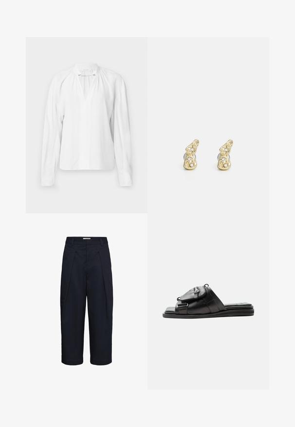 Witte blouse met lange mouwen en een V-hals, met geplooide details bij de halslijn en een gladde, lichte stof. Eenvoudig en minimalistisch ontwerp.; Navyblauwe, wijd uitlopende, cropped broek met voorplooien, riemlussen en een verborgen sluiting aan de voorkant.; Zwarte leren slippers met gevoerde zool en vooraan ritsvak detail op het bandje.; Goudkleurige oorbellen met een getextureerd, gebogen ontwerp en drie heldere edelstenen. Glanzende metalen achterkant aanvul het decoratieve front.