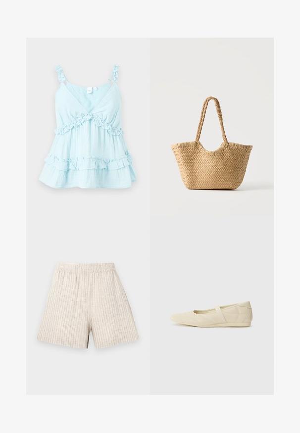 Hellblaues Tanktop mit Rüschen-Trägern und einer hohen Rüsche am Saum. Hergestellt aus leichtem Stoff mit einem Schichtendesign.; Hellebeige Shorts mit vertikal gerippter Textur, elastischem Bund und lockerer Passform. Der Stoff ist weich und atmungsaktiv.; Beige Ballerinas aus glattem Leder mit mandelförmiger Zehenpartie und elastischem Riemen über dem Fußrücken, ausgestattet mit dezenten Nähtelementen.; Gewebte Strohtasche mit breitem Boden, geflochtenen Griffen und natürlicher beiger Farbe auf schlichtem weißem Hintergrund.