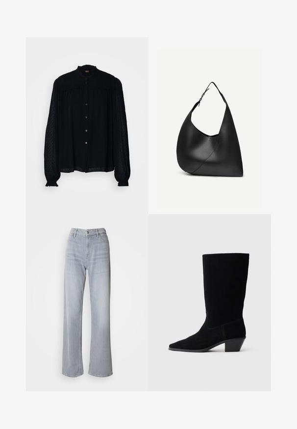 Sort bluse med høj hals, lange gennemsigtige ærmer, knaplukning fortil og tekstureret polka dot stof. Har rynkedetaljer langs yokedelen.; Lys grå vidde jeans med høj talje, lavet af denim. Har forlommer, lynlås og subtil falmen over det hele.; Sort ruskind ankelstøvle med spidse tæer, mellemhøj skaft og en chunky hæl. Fuldender et minimalistisk design med lidt syninger og en glat tekstur.; Sort læder skuldertaske med buet trekantet form, enkelt justerbart rem og synlig diagonal søm foran.