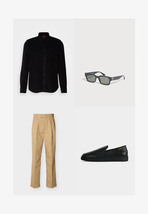 Chemise en velours côtelé noir à manches longues, col boutonné et logo discret brodé sur la poitrine. Coupe classique avec une texture travaillée.; Pantalon beige en coton lisse à taille haute, avec des plis à l'avant et des jambes droites. Aucun équipement visible ni motifs.; Chaussure noire en cuir à enfiler avec semelle épaisse et marquage "HUGO" en or près du talon sur un fond uni gris clair.; Lunettes de soleil rectangulaires noires avec des verres foncés, avec un petit détail de bande rouge et verte sur les branches.
