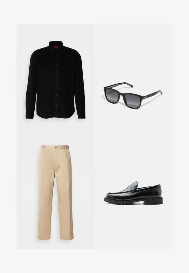 Chemise en velours côtelé noir à manches longues, col boutonné et logo discret brodé sur la poitrine. Coupe classique avec une texture travaillée.; Pantalons beiges en tissu léger, avec une coupe droite, une taille avec passants de ceinture et une fermeture à bouton sur le devant.; Mocassin en cuir noir avec semelle en caoutchouc épaisse, dessus cousu et nom de marque embossé sur le talon, présenté de profil sur fond blanc.; BOSS Lunettes de soleil - black