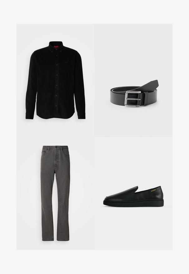 Chemise en velours côtelé noir à manches longues, col boutonné et logo discret brodé sur la poitrine. Coupe classique avec une texture travaillée.; Jeans en denim gris avec une coupe droite, dotés de poches avant, d'une fermeture à bouton et d'une texture subtile.; Chaussure noire en cuir à enfiler avec semelle épaisse et marquage "HUGO" en or près du talon sur un fond uni gris clair.; Ceinture en cuir noir enroulée avec une boucle métallique rectangulaire argentée gravée "BOSS" sur un fond gris clair.