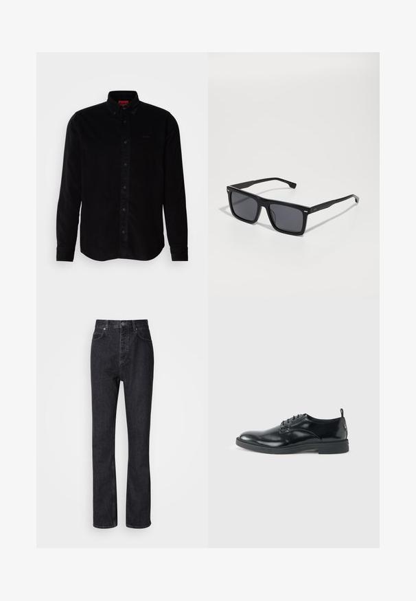 Chemise en velours côtelé noir à manches longues, col boutonné et logo discret brodé sur la poitrine. Coupe classique avec une texture travaillée.; Jean en denim noir taille haute avec fermeture à bouton et à glissière, poches avant et arrière, et coupe droite.; Chaussure habillée en cuir noir brillant avec un petit talon, fermeture à lacets et bout rond, vue de côté sur un fond uni et clair.; Lunettes de soleil carrées noires avec des verres foncés. Fabriquées en plastique, avec des côtés texturés et un design minimaliste. Détails près des charnières.