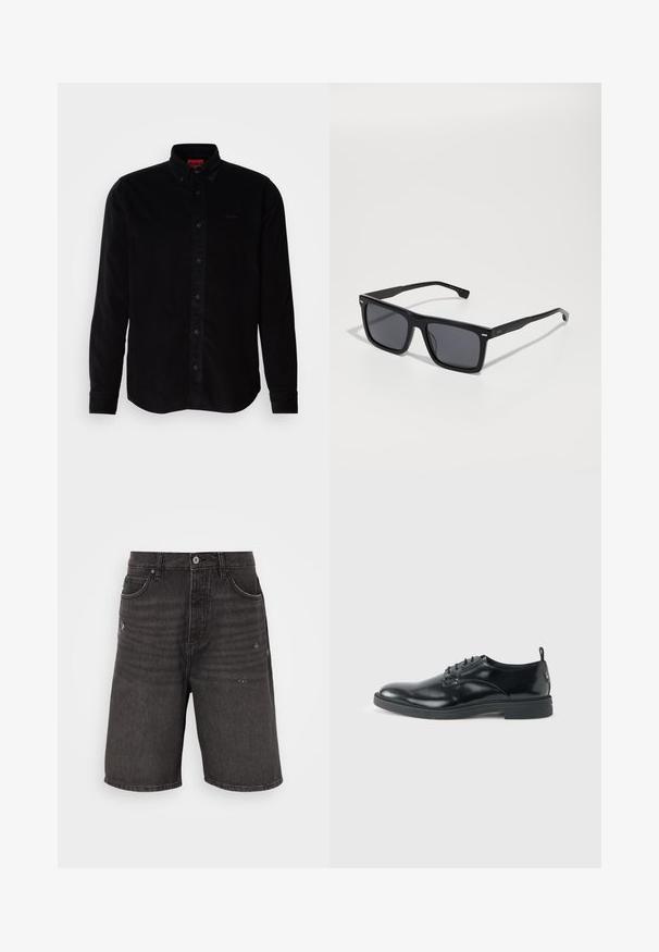 Chemise en velours côtelé noir à manches longues, col boutonné et logo discret brodé sur la poitrine. Coupe classique avec une texture travaillée.; Shorts en denim noir avec une coupe décontractée, dotés de poches avant, d'une texture vieilli et d'une taille classique avec une fermeture à bouton unique.; Chaussure habillée en cuir noir brillant avec un petit talon, fermeture à lacets et bout rond, vue de côté sur un fond uni et clair.; Lunettes de soleil carrées noires avec des verres foncés. Fabriquées en plastique, avec des côtés texturés et un design minimaliste. Détails près des charnières.