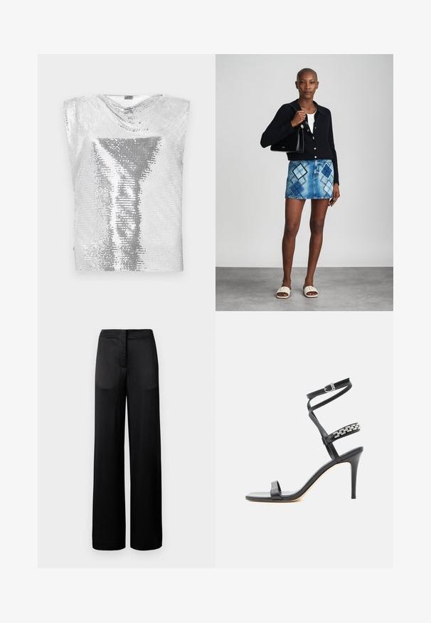 Rabanne Top - silver-coloured; Bredbenede sorte bukser med en tekstureret overflade, der har en flad talje og to sidelommer. Stoffet ser let og strømmende ud.; Sort højhælet sandal med tynd ankelrem, midtfodsrem dekoreret med sølvkædeled og åben tå-design.; Sort striktrøje, hvid top, denimnederdel med blå og sort diamantmønster, sort håndtaske og beige slidesandaler.
