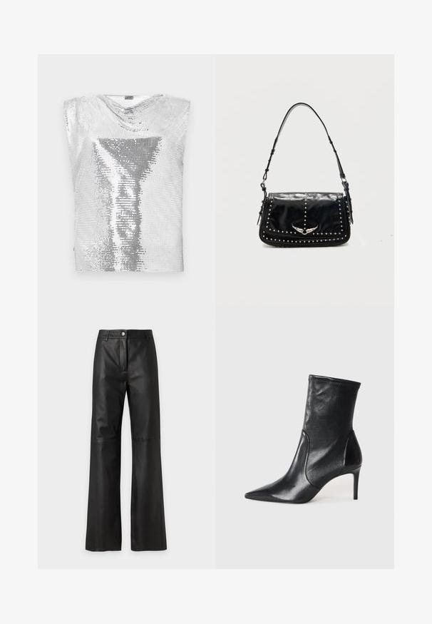 Rabanne Top - silver-coloured; Pantalones negros de cuero sintético de cintura alta con piernas anchas, cierre de botón y cremallera, y trabillas para cinturón sobre un fondo claro y liso.; Botas negras hasta el tobillo hechas de cuero suave, con punta afilada, caña ajustada y tacón alto delgado. Diseño minimalista sin herrajes visibles.; Bolso de hombro de piel negra con detalles de tachuelas plateadas y emblema metálico alado en la solapa frontal sobre un fondo liso.