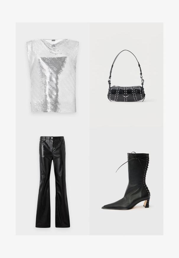 Rabanne Top - silver-coloured; Rabanne Loose-jeans - black; Sort ankelstøvle i læder med spids tå, slank hæl, snøredetalje bagpå og metaløjer. Glat tekstur med et elegant design.; Sort skuldertaske i laklæder med sølvnitter i lodrette rækker og et lille sølvfugleemblem midt på fronten.