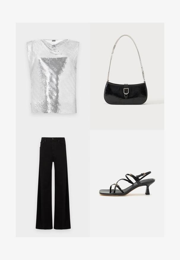 Rabanne Top - silver-coloured; Pantalones anchos negros de mezclilla, con cintura alta, bolsillos delanteros y un cierre sencillo con botón metálico.; Sandalias de charol negro con tiras, punta cuadrada y un bajo tacón en bloque. Presenta herrajes en tono dorado y correas en el tobillo ajustables.; Bolso de hombro de charol negro con detalle de hebilla plateada y correa de cadena plateada, presentado sobre un fondo liso y claro.