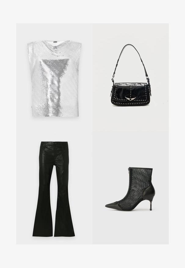 Rabanne Top - silver-coloured; Sorte viddebukser lavet af blankt materiale med en tætsiddende talje, fem-lags lomme-design og knaplukning foran.; Sort ankelstøvle med spids tå, mesh-sider, læder hælkappe og en slank stiletto hæl med en geometrisk metallisk detalje.; Sort læder skuldertaske med sølvlignende nitter og vingeformet metalemblem på frontklappen mod en ensfarvet baggrund.