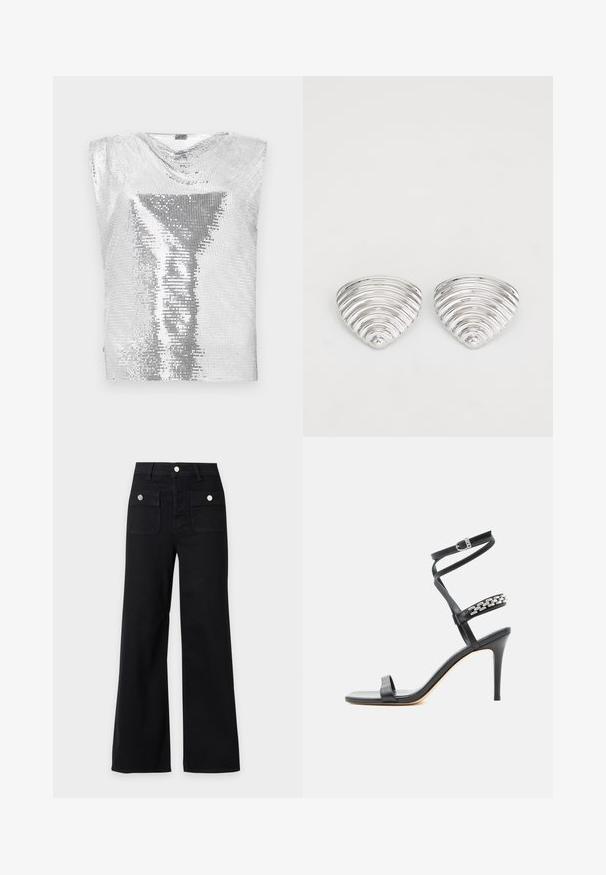 Rabanne Top - silver-coloured; Pantalones negros de pierna ancha con cintura alta, dos bolsillos delanteros con solapa y botones plateados, trabillas para cinturón y cierre frontal con botón.; Sandalia negra de tacón alto con tira delgada en el tobillo, tira en la parte media del pie decorada con eslabones de cadena plateados y diseño de punta abierta.; Pendientes en tono plateado con un diseño ondulado y texturizado, con forma de media lunas superpuestas; el acabado pulido realza las cualidades reflectantes.