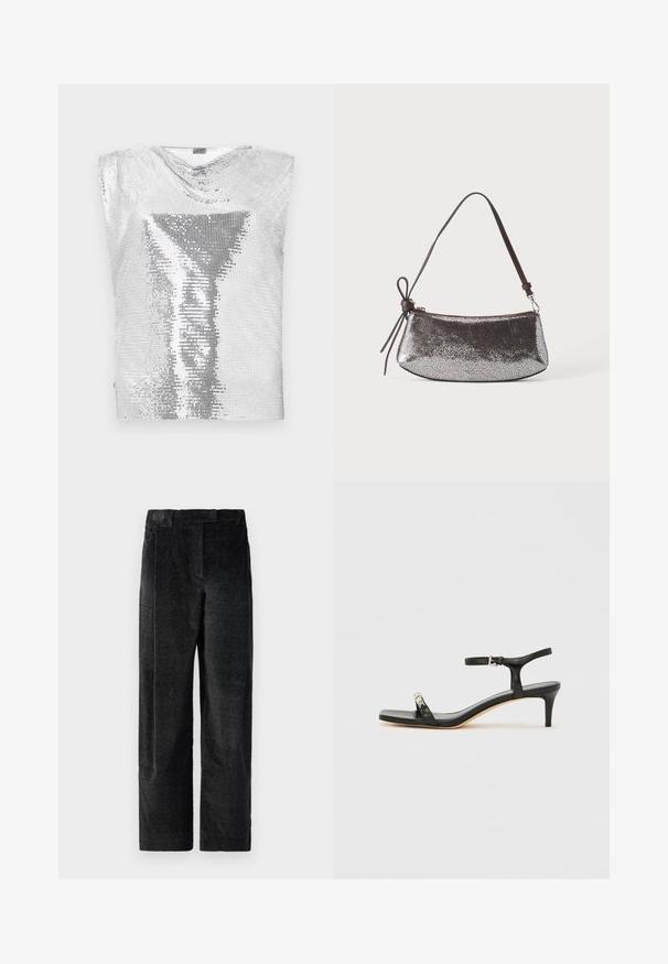 Rabanne Top - silver-coloured; Schwarze, strukturierte Hose mit weitem Bein und ausgeprägtem Gewebe, ausgestattet mit vorderen Falten und einem flachen Bund. Klassisches Design für Vielseitigkeit.; Schwarze Leder-Sandale mit Absatz und Knöchelriemen, offenem Zehenbereich, quadratischer Vorderseite und silbernen Metallakzenten. Eng anliegendes Design mit schlanker Silhouette.; Kleine metallische silberne Handtasche mit strukturierter Oberfläche, kurzem dunkelbraunem Riemen und dekorativer gebundener Schleife auf einer Seite.