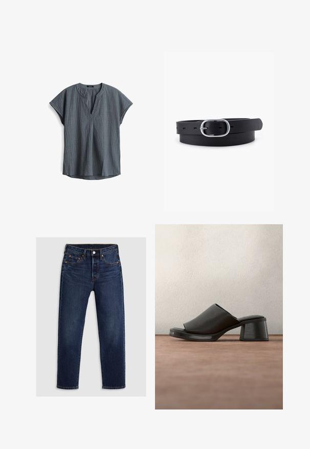 Graue, strukturierte Kurzarmbluse mit V-Ausschnitt und leicht abgerundetem Saum. Mit Falten am Ausschnitt und aus leichtem Stoff.; Dunkelblaue Jeans aus Denim mit geradem Bein-Design. Verfügt über einen Reißverschluss mit Knopfverschluss, fünf Taschen und kontrastierende Nähte.; Schwarzer offener Mule-Sandal mit Blockabsatz und strukturiertem Lederobermaterial, schwebend über einer grauen Oberfläche vor unscharfem, dunklem Hintergrund.; Schwarzer Leder Gürtel mit glatter Textur, ovaler silberner Metallschnalle und mehreren Einstelllöchern entlang des Riemens. Flaches, minimalistisches Design.
