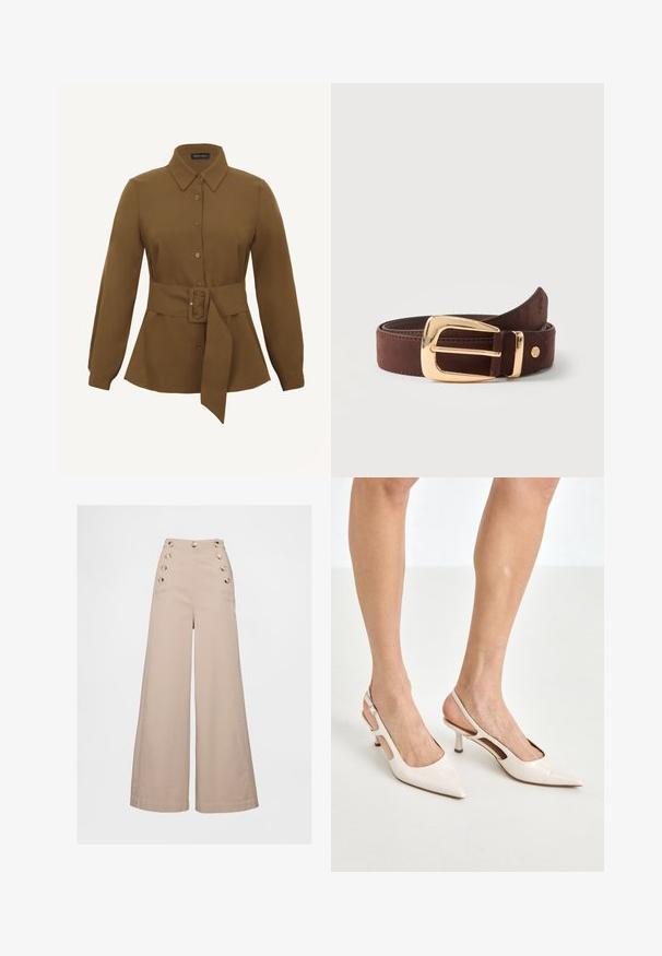 Chemise marron à manches longues avec boutons, col pointu et large ceinture en tissu avec une boucle rectangulaire à la taille.; Pantalon beige à jambes larges avec taille haute, doté de grands boutons sur les poches avant et fabriqué dans un tissu léger et lisse.; Escarpins à talon slingback en cuir verni beige avec un bout pointu et un talon de 5 cm, présentant des côtés découpés et une fine bride à la cheville.; Ceinture en cuir marron roulée avec une boucle rectangulaire dorée brillante et un petit logo métallique rond près de la pointe.