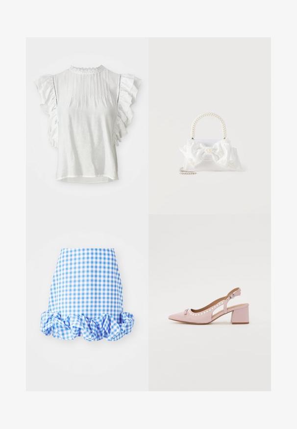 Blusa blanca de mangas cortas con pliegues, hombros rizados y un cuello alto con encaje. Tejido suave con una textura lisa.; Falda de cuadros en azul y blanco con un dobladillo con volantes. Presenta una silueta ajustada y una textura de tela suave. El patrón consiste en pequeños cuadros a cuadros.; Tacón slingback rosa con punta puntiaguda, parte superior de tela, recortes redondeados, detalles de perlas y tacón grueso. Cuenta con un detalle de hebilla lateral.; Bolso blanco con asa cubierta de perlas, gran lazo de tela adornado con pequeñas perlas y una correa de cadena plateada sobre un fondo blanco.