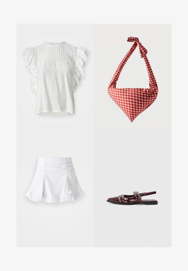 Blusa blanca de mangas cortas con pliegues, hombros rizados y un cuello alto con encaje. Tejido suave con una textura lisa.; Falda blanca de tela texturizada con detalles fruncidos y dobladillo con volantes. Presenta un diseño acampanado con una cintura ajustada.; Zapato plano de charol burdeos con tira trasera y punta afilada, que presenta correas decorativas con acentos metálicos.; Bolso de tela suave para el hombro con patrón de cuadros rojos y blancos, asa con nudo y forma triangular sobre un fondo liso.