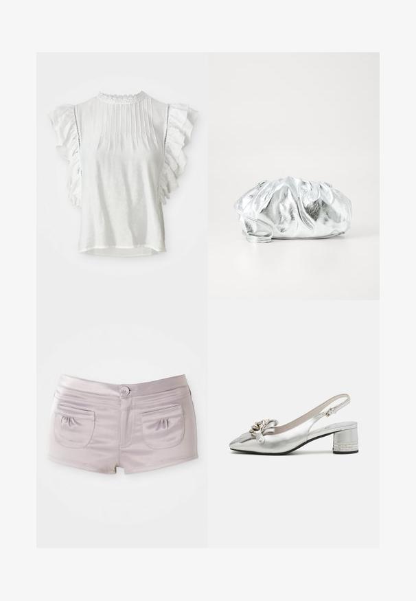 Blusa blanca de mangas cortas con pliegues, hombros rizados y un cuello alto con encaje. Tejido suave con una textura lisa.; Pantalones cortos de color púrpura claro hechos de una tela suave y brillante, con dos bolsillos traseros y un cierre frontal de botón con cinturilla plana.; Zapato slingback plateado con puntera afilada, detalle de lazo y un tacón bajo tipo bloque con una banda decorativa de rhinestone. Acabado metálico suave.; Bolso de mano plateado metálico con un cuerpo suave y fruncido y una correa de hombro delgada. Presenta una textura suave y brillante y una forma redondeada.