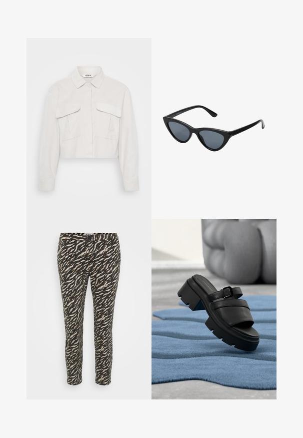 Lyhyeksi leikattu vaaleanbeige takki, jossa on kauluspaita, pitkät hihat, kaksi rintataskua ja teksturoitu kangaspinta.; Housut musta-beige kuvioilla, joissa on aaltoileva kuvio. Niissä on tiukka muotoilu ja nappikiinnitys vyötäröllä. Valmistettu kevyestä kankaasta.; Musta paksukantainen sandaali, jossa on solkiläppä, kelluu teksturoidun sinisen maton yllä, taustalla epätarkat koukistuneet jalat.; Mustat kissaeye-aurinkolasit tumman harmailla linsseillä, tyylikäs muovikehys, terävät kulmat ja suorat templet. Ei näkyvää metalliosia tai koristuksia.
