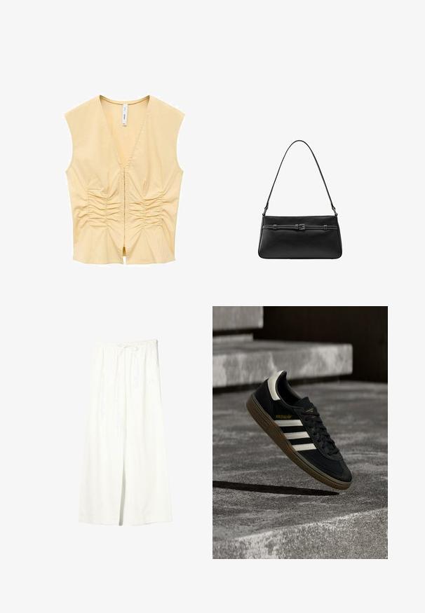 Top sans manches jaune avec un décolleté en V, présentant des détails froncés à l'avant pour apporter de la texture. Tissu lisse avec une silhouette ajustée.; Pantalon en lin blanc à jambes larges avec taille élastique et cordon de serrage, doté de poches latérales et d'une fente à l'avant.; Baskets Adidas noires avec des bandes blanches et une semelle en gomme flottant au-dessus d'escaliers en béton gris sous une lumière naturelle.; Sac à bandoulière en cuir noir avec une fine sangle réglable et un détail ceinture décoratif à l’avant.