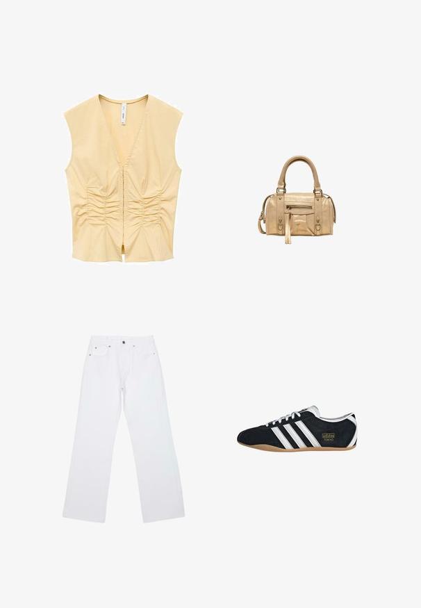 Top sans manches jaune avec un décolleté en V, présentant des détails froncés à l'avant pour apporter de la texture. Tissu lisse avec une silhouette ajustée.; Jean droit blanc avec cinq poches, passants de ceinture et fermeture avant par bouton et zip, posé à plat sur un fond blanc.; Sneakers en suede noir avec trois bandes blanches, logo doré et semelle en caoutchouc marron. Présente un design à lacets à profil bas.; Stradivarius Sac à main - beige