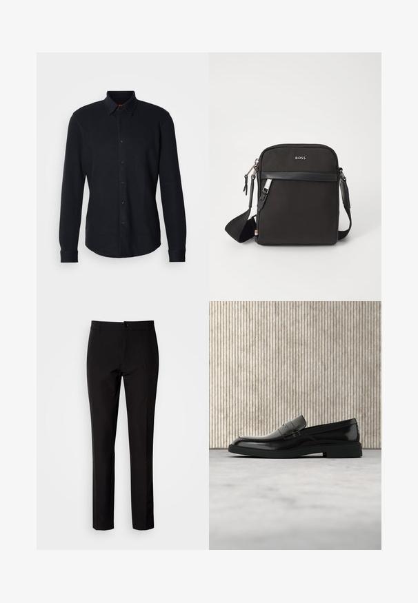 Chemise bleu marine à manches longues en tissu texturé, dotée d'un col boutonné, de boutons sur le devant et d'un logo discret sur la poitrine.; Pantalon noir en tissu lisse, avec coupe droite, fermeture à boutons sur le devant et poches latérales discrètes. Look simple et ajusté.; Mocassin en cuir noir poli flottant au-dessus d'un tapis beige avec un mobilier translucide orange en arrière-plan.; Sac bandoulière noir en tissu texturé, avec un logo sur le devant, fermeture éclair et une bandoulière réglable. Finitions en cuir lisse.
