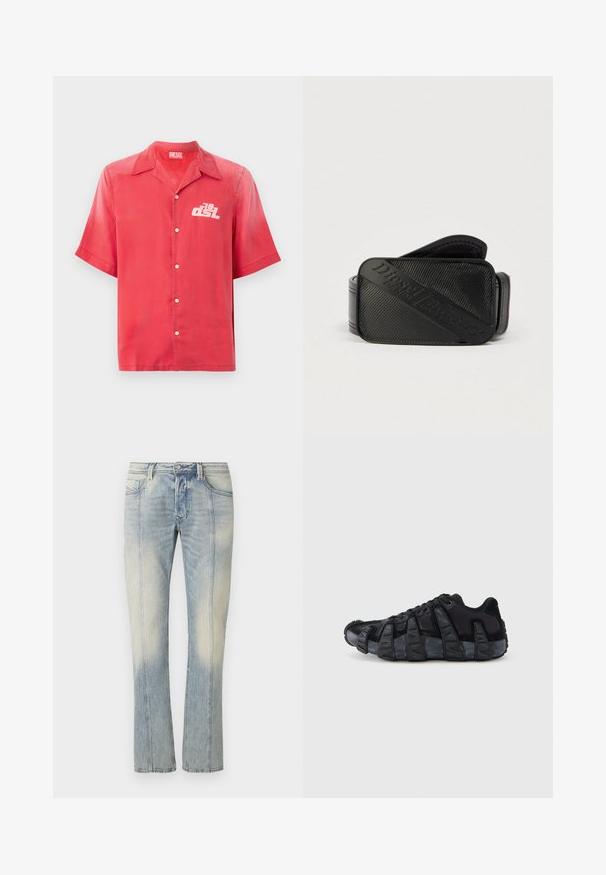 Kortærmet rød skjorte med knapper i et glat stof. Har en krave og et hvidt logo på venstre bryst. Enkel design, uden mønstre.; Lyseblå denimjeans med lige ben, dobbelt syning, forlommer og en falmet finish. Ingen synlig mærkning.; Sort sneaker med overdreven ribbet sål, snørelukning og øvre del i blandet tekstil og ruskind, vist fra ydersiden mod en hvid baggrund.; Sort bælte med et struktureret design og et fremtrædende præget logo. Materialet virker glat med en læderlignende finish.