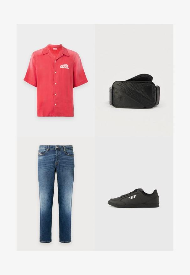 Kortærmet rød skjorte med knapper i et glat stof. Har en krave og et hvidt logo på venstre bryst. Enkel design, uden mønstre.; Blå denimjeans med lige ben, der har et klassisk design med fem lommer, lyse slidte partier og knaplukning i taljen.; Sorte syntetiske sneakers med en struktureret sort sål, rund tå og flade sorte snørebånd. Fremtrædende hvidt logo på ydersiden.; Sort bælte med et struktureret design og et fremtrædende præget logo. Materialet virker glat med en læderlignende finish.