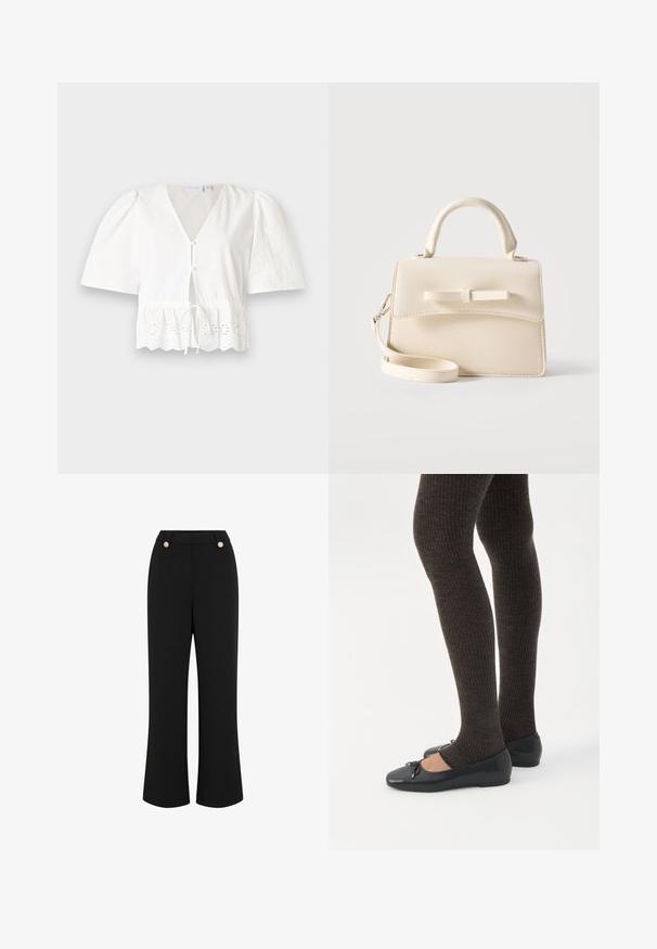 Blusa blanca de manga corta con cuello en V, botones en el frente y cintura con cordón. Presenta un borde de encaje con patrones florales recortados en el dobladillo.; Pantalones de pierna ancha negros con textura suave, que presentan una cintura alta, dos botones en tono dorado y un diseño ajustado. Sin bolsillos visibles.; Piernas con leggings oscuros acanalados combinados con bailarinas negras que presentan pequeños detalles de lazo sobre un fondo blanco.; Pequeño bolso beige con asa superior, correa desmontable, solapa frontal y lazo decorativo horizontal sobre un fondo liso.