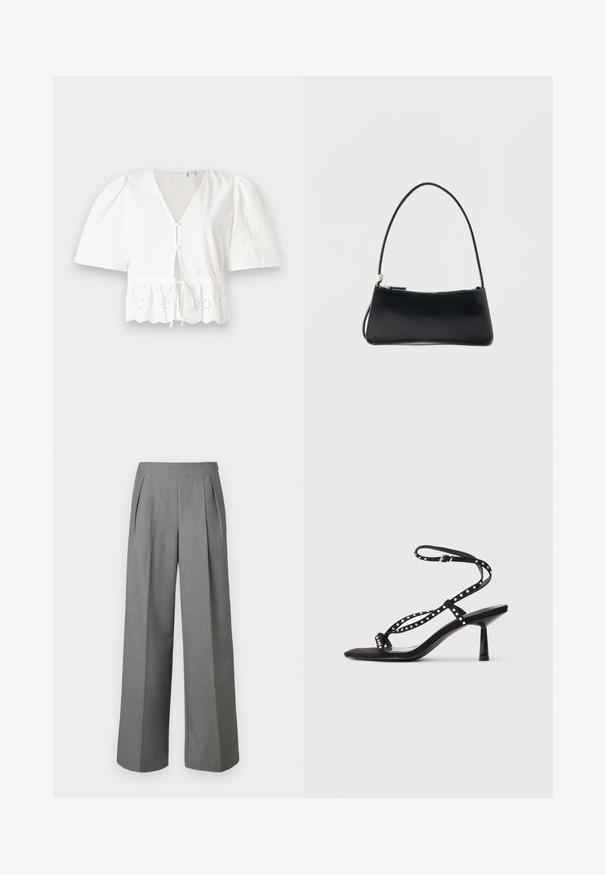 Blusa blanca de manga corta con cuello en V, botones en el frente y cintura con cordón. Presenta un borde de encaje con patrones florales recortados en el dobladillo.; Pantalones grises de talle alto y pierna ancha con pliegues delanteros y cremallera lateral, hechos de tela texturizada.; Sandalias de tacón alto de ante negro con punta afilada, correa en el tobillo y detalles decorativos de tachuelas en las correas.; Bolso rectangular negro con una correa fina y cierre de cremallera, sobre un fondo blanco liso.