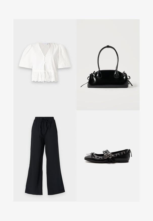 Blusa blanca de manga corta con cuello en V, botones en el frente y cintura con cordón. Presenta un borde de encaje con patrones florales recortados en el dobladillo.; Pantalones de pierna ancha negros, hechos de un tejido ligero, que cuentan con una cinturilla elástica con cordón y una textura suave.; Zapato de ballet plano negro con correas de doble hebilla, ojales plateados y un pequeño lazo cerca de la puntera redondeada sobre un fondo blanco.; Pequeño bolso negro brillante con dos asas largas y detalles de cordón lateral sobre un fondo claro liso.