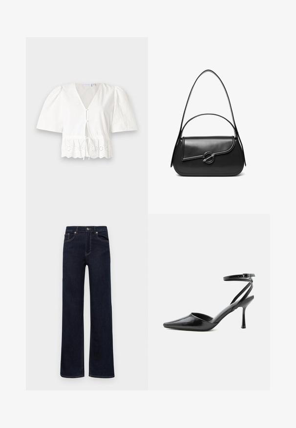 Blusa blanca de manga corta con cuello en V, botones en el frente y cintura con cordón. Presenta un borde de encaje con patrones florales recortados en el dobladillo.; Jeans de mezclilla azul oscuro con piernas rectas, cierre de botón, trabillas para cinturón y cinco bolsillos, exhibidos sobre un fondo blanco.; Zapato de tacón alto negro de punta fina con delgadas correas en el tobillo y cierre de hebilla plateada sobre un fondo liso claro.; Bolso de hombro de cuero negro con una solapa curva asegurada por un broche metálico redondo y una correa delgada y ajustable.