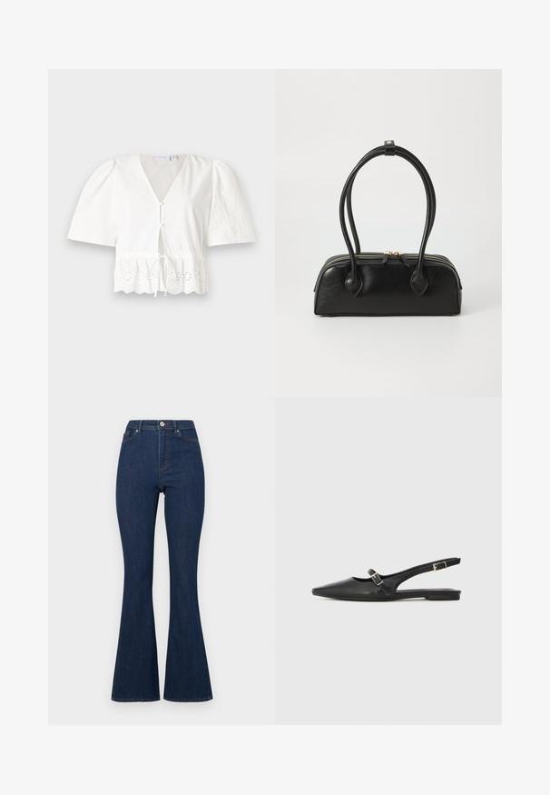 Blusa blanca de manga corta con cuello en V, botones en el frente y cintura con cordón. Presenta un borde de encaje con patrones florales recortados en el dobladillo.; Pantalones vaqueros acampanados de mezclilla en azul oscuro con cintura alta, que cuentan con un cierre de cremallera y botón, y con una costura sutil a lo largo de las costuras.; Zapatos slingback de cuero negro con punta afilada, que cuentan con una correa estrecha y un detalle de hebilla plateada en el lateral. Suela plana.; Bolso de mano de cuero negro con dos asas alargadas, cierre de cremallera y forma redondeada; textura suave con un acabado ligeramente brillante.