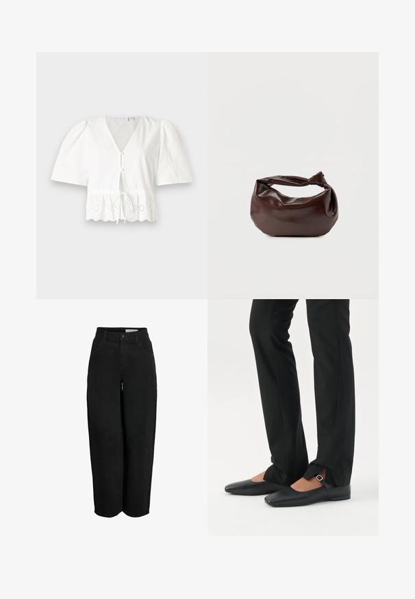 Blusa blanca de manga corta con cuello en V, botones en el frente y cintura con cordón. Presenta un borde de encaje con patrones florales recortados en el dobladillo.; Pantalones de pierna ancha negros hechos de tela de algodón texturizado, con cierre de botón, trabillas para cinturón y cuatro bolsillos.; Piernas con pantalones ajustados negros con aberturas frontales en el dobladillo, combinados con zapatos planos Mary Jane negros con una pequeña correa con hebilla.; Bolso de hombro de cuero marrón oscuro con una forma suave y caída, y un asa con nudo torcido sobre un fondo blanco liso.