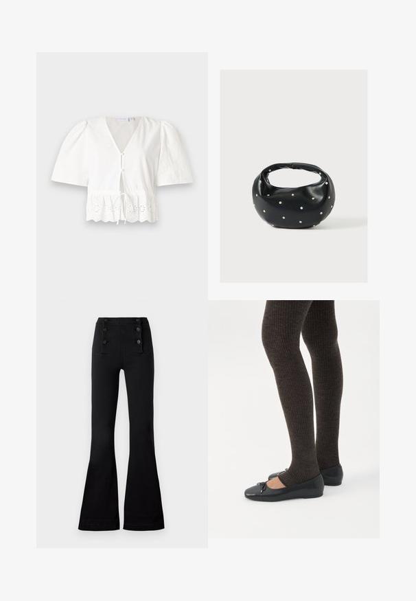Blusa blanca de manga corta con cuello en V, botones en el frente y cintura con cordón. Presenta un borde de encaje con patrones florales recortados en el dobladillo.; Pantalones acampanados negros de mezclilla con una cintura alta, que presentan cuatro botones decorativos en la parte delantera y una textura suave.; Piernas con leggings oscuros acanalados combinados con bailarinas negras que presentan pequeños detalles de lazo sobre un fondo blanco.; Bolso de mano de cuero negro con forma redondeada, decorado con detalles de tachuelas plateadas y un asa corta. Textura lisa y cierre con cremallera.