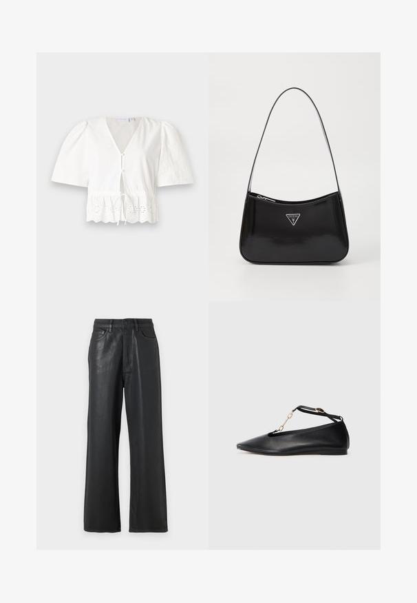 Blusa blanca de manga corta con cuello en V, botones en el frente y cintura con cordón. Presenta un borde de encaje con patrones florales recortados en el dobladillo.; Pantalones de pierna ancha negros fabricados con un material brillante. Cuentan con un cierre de botón, pasadores para cinturón y bolsillos frontales con una textura suave.; Bailarinas de cuero negro con punta afilada, diseño cortado, tira en el tobillo y detalle de cadena dorada. Textura suave, tacón minimal.; Bolso de hombro de charol negro con forma curva, que presenta un logotipo triangular plateado y un cierre de cremallera. Textura suave y correa delgada.