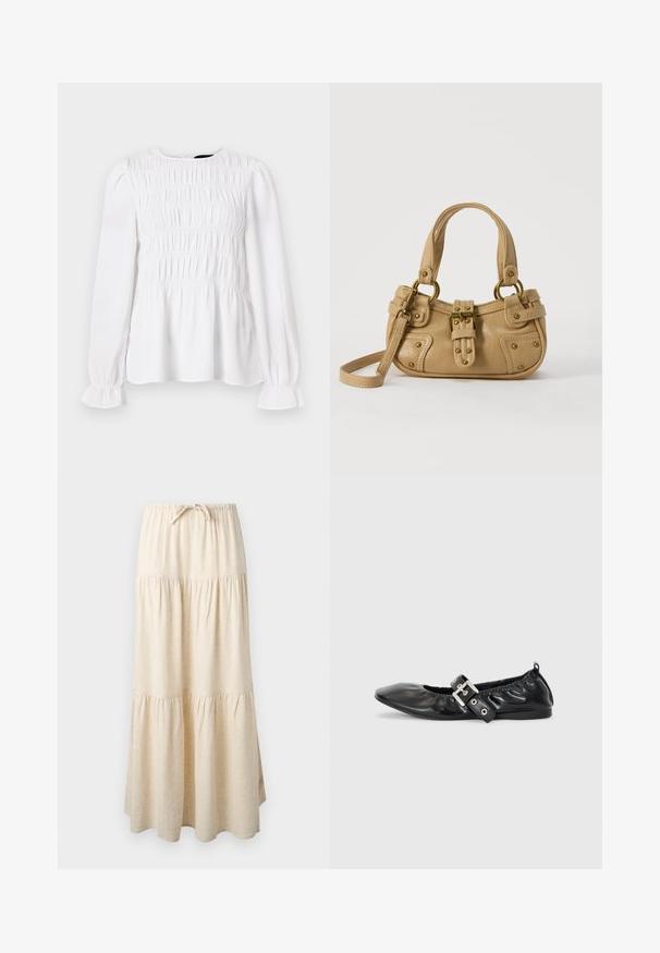 Hvid langærmet top med samlet tekstur, rund halsudskæring og rynkede manchetter. Letvægtsstof med en let løs pasform.; Beige maxi-nederdel i lag med elastisk talje og snøre, med et flydende, opsamlet stofdesign.; Sorte læder flade sko med spids tå, samling detaljer omkring åbningen, og en sølv spænde accent på den justerbare rem.; Beige læderhåndtaske med dobbelte håndtag, messing spænde og nitte detaljer samt en justerbar skulderrem mod en hvid baggrund.