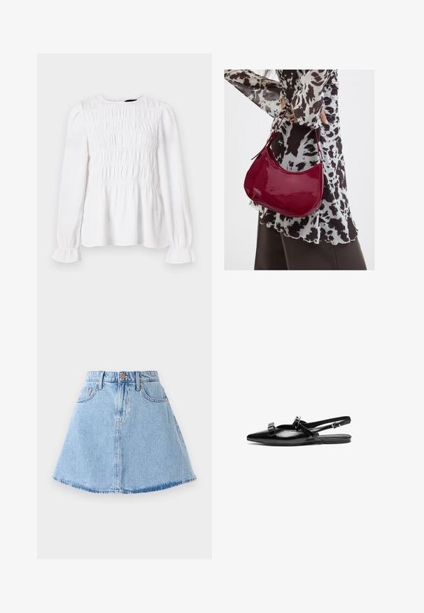 Hvid langærmet top med samlet tekstur, rund halsudskæring og rynkede manchetter. Letvægtsstof med en let løs pasform.; Denim A-line nederdel i lyseblå med frynset kant, fem lommer og knaplukning. Har kobberfarvet hardware og diskrete syninger.; Sort læderslingback flad sko med spids tå, prydet med volangdetaljer på bæltet og justerbar ankelrem. Glat overfladetextur.; Kvinde iført en sort- og hvidmønstret bluse, der holder en blank rød skuldertaske mod en ensfarvet baggrund.