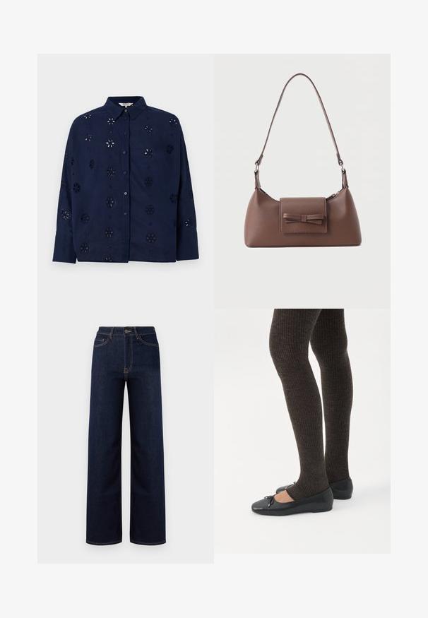 Chemise boutonnée bleu marine en tissu léger, ornée de motifs floraux découpés et d'un col, avec des manches longues et une coupe décontractée.; Jeans en denim bleu foncé à jambes larges, avec une taille haute, quatre poches et des coutures contrastantes le long des coutures.; Jambes portant des leggings côtelés foncés associés à des ballerines noires avec de petits détails en nœud sur fond blanc.; Sac à bandoulière en cuir marron avec une poche à rabat avant ornée d'un détail en forme de nœud cousu et une sangle réglable.