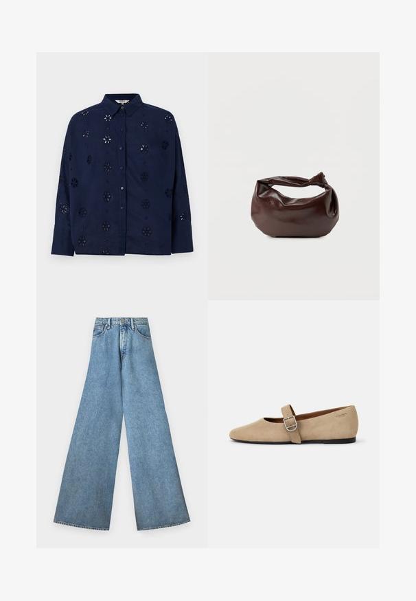 Dunkelblaue knopfbesetzte Bluse aus leichtem Gewebe, mit floralen Ausschnitten und einem Kragen, langen Ärmeln und einem entspannten Schnitt.; Good American PANELED WIDE LEG - Wide Leg - indigo; Beige Wildleder Mary Jane Ballerinas mit spitzer Zehe und einem verstellbaren Riemen mit einer silbernen Schnalle. Schwarze flache Sohle.; Dunkelbraune Lederschultertasche mit weicher, lockerer Form und einem gedrehten Knotengriff vor schlichtem weißem Hintergrund.