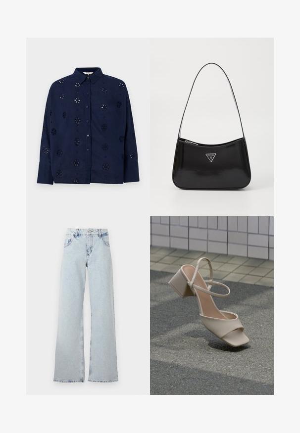 Marineblå knap-up skjorte lavet af letvægtsstof, med blomsterudskæringer og krave, lange ærmer og en afslappet pasform.; Lyseblå bred ben jeans lavet af denim, med høj talje, bælteholdere, fem lommer og slidte områder for et vintage udseende.; Beige sandal med åben tå, blokhæl og tynd ankelrem, vinklet opad på asfalt med flisebelagt væg i baggrunden.; Sort patenteret læder skuldertaske med en buet form, prydet med et sølvfarvet trekantet logo og en lynlås-lukning. Glat tekstur og slank rem.
