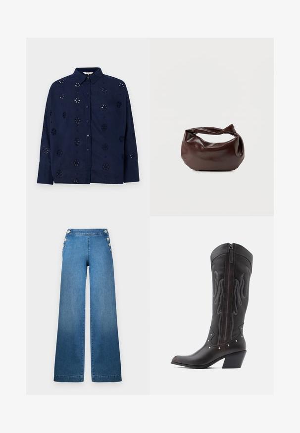 Dunkelblaue knopfbesetzte Bluse aus leichtem Gewebe, mit floralen Ausschnitten und einem Kragen, langen Ärmeln und einem entspannten Schnitt.; Weite blaue Denim-Hose mit hoher Taille, knöpfbaren Seitendetails und einem sauberen Saum. Der Stoff hat eine glatte Textur mit einem leichten Verblassen.; Braune Cowboy-Stiefel aus Leder mit Flammenstickerei, seitlichem Reißverschluss, silbernen Nieten, spitzer Zehenpartie und geschichtetem Absatz.; Dunkelbraune Lederschultertasche mit weicher, lockerer Form und einem gedrehten Knotengriff vor schlichtem weißem Hintergrund.