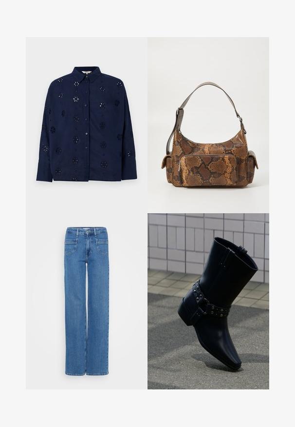Dunkelblaue knopfbesetzte Bluse aus leichtem Gewebe, mit floralen Ausschnitten und einem Kragen, langen Ärmeln und einem entspannten Schnitt.; Weite blaue Jeans aus Denim mit hoher Taille, Fünf-Taschen-Design und sichtbaren Nähten an den Säumen. Glatte Textur, klassischer Look.; Schwarzer Leder-Stiefelette mit spitz zulaufender Zehenpartie, Schnallenriemen mit silberfarbenen Nieten und klobigem Absatz. Glatte Textur mit minimalistischem Design.; Braune Handtasche mit Schlangenprint, strukturierten Oberflächen, geschwungenem Design, einem Schultergurt und einer vorderen Reißverschlusstasche.