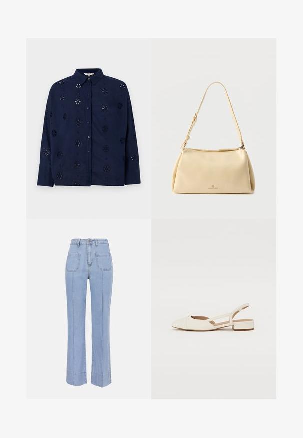 Dunkelblaue knopfbesetzte Bluse aus leichtem Gewebe, mit floralen Ausschnitten und einem Kragen, langen Ärmeln und einem entspannten Schnitt.; Hellblaue Jeans mit hoher Taille und geradem Bein, vorn mit aufgesetzten Taschen, Knopfleiste und sichtbaren vertikalen sowie Saumnahtdetails.; Slingback-Schuhe aus glänzendem weißen Lackleder mit spitzem Zehenbereich und niedrigem Blockabsatz, ausgestattet mit Ausschnitten an den Seiten.; Beige rechteckige Schultertasche mit verstellbarem Riemen und Reißverschluss, mit kleinem "Anna Field"-Logo in der Mitte vorne.