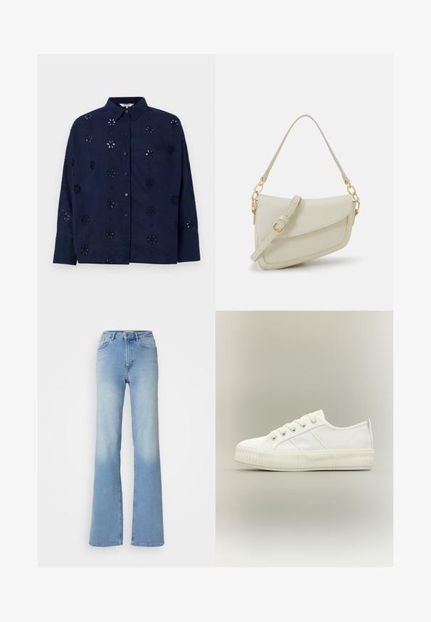 Marineblå knap-up skjorte lavet af letvægtsstof, med blomsterudskæringer og krave, lange ærmer og en afslappet pasform.; Lyseblå udvidede jeans lavet af denim, med standard talje, forlommer og en bleget finish på benene.; Hvid lavtop sneaker med tyk ribbet sål, snørelukning foran og trækflap på hælen mod en neutral baggrund.; Lille cremehåndtaske med tekstureret overflade, en lang justerbar rem, en kædeaccent og flaplukning. Detaljer i guldhardware.